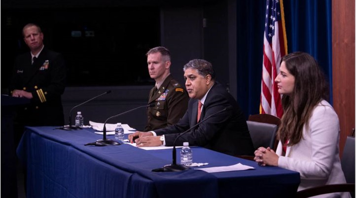 Nand Mulchandani, JAIC acting director, Chief of Warfighting Operations US Army Col Brad Boyd and Jane Pinelis, JAIC's chief of test, evaluation, and assessment, brief reporters at the Pentagon on 10 September 2020.