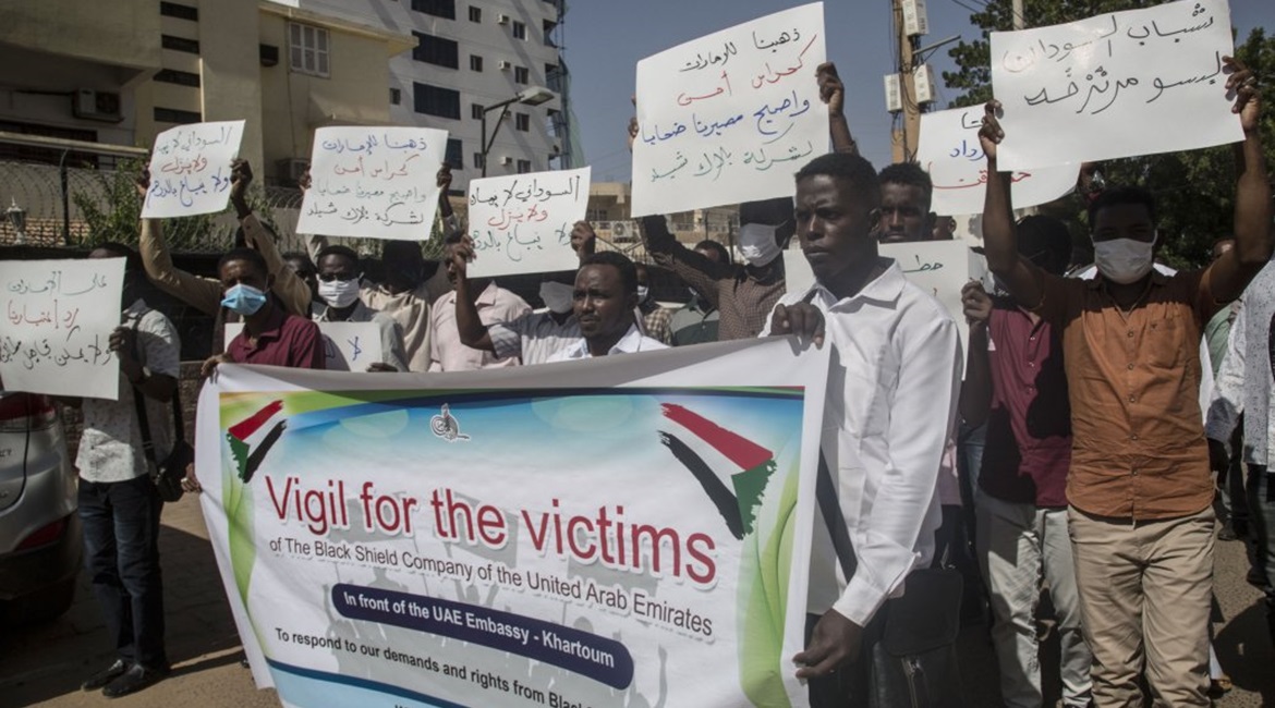 Hundreds of Sudanese demonstrate outside the UAE Embassy in Sudan to protest their recruitment by the UAE's Black Shield Security Services to fight for the LNA in Libya.