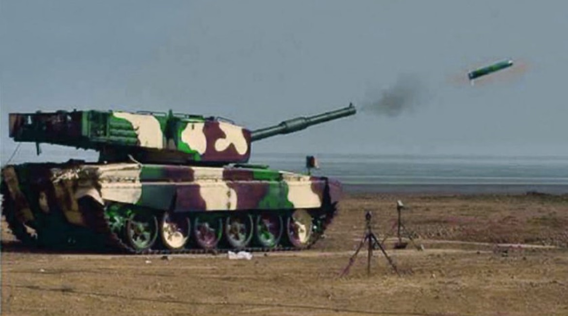 An Arjun MBT is seen here test-firing a locally developed laser-guided anti-tank missile at a firing range in Ahmednagar, western India.