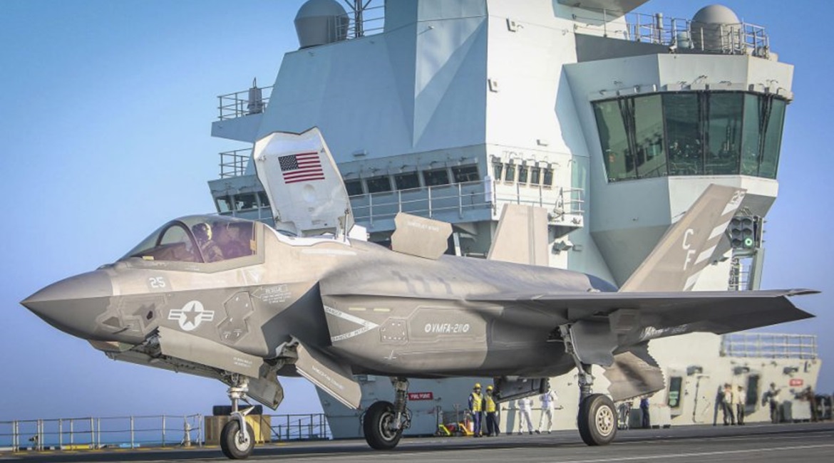 One of 10 US Marine Corps F-35Bs from VMFA-211 that embarked aboard HMS 
        
         on 22 September.