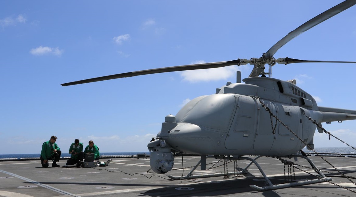 The MQ-8C Fire Scout seen on the flight deck of the Independence variant littoral combat ship USS Coronado (LCS 4) on 21 June 2018. The MQ-8C features a 30% increase in top airspeed over the MQ-8B.