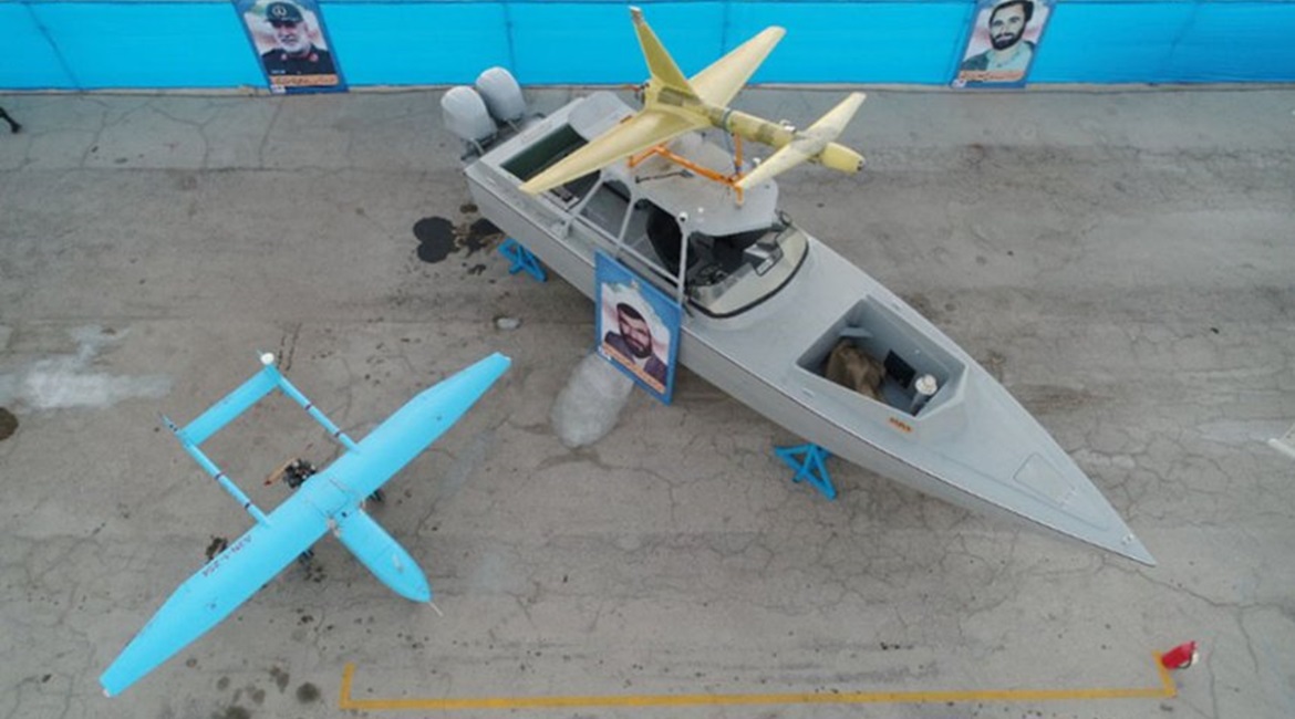 An Ababil-3 is seen next to a fast attack craft with an Ababil-2 mounted on its roof where a multiple-rocket launcher is normally fitted. The boat is around 11 m long.