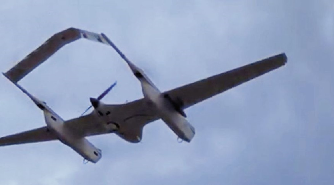 A screengrab from CCTV footage released on 27 September showing what appears to the X-Chimera VTOL UAV during an exercise with a brigade of the PLAAF Airborne Corps.