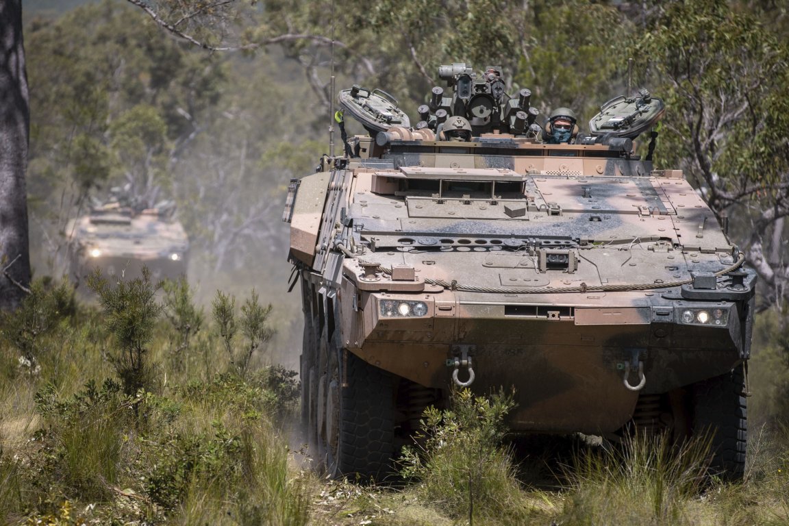 Soldiers from the 2nd/14th Light Horse Regiment of the Queensland Mounted Infantry conduct cross-country training in new Boxer armoured vehicles at the Wide Bay Training Area in Queensland. (Commonwealth of Australia 2020/Department of Defence)