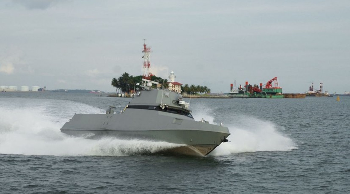 A future Republic of Singapore Navy's coastal defence USV, seen here during trials in Singapore waters.