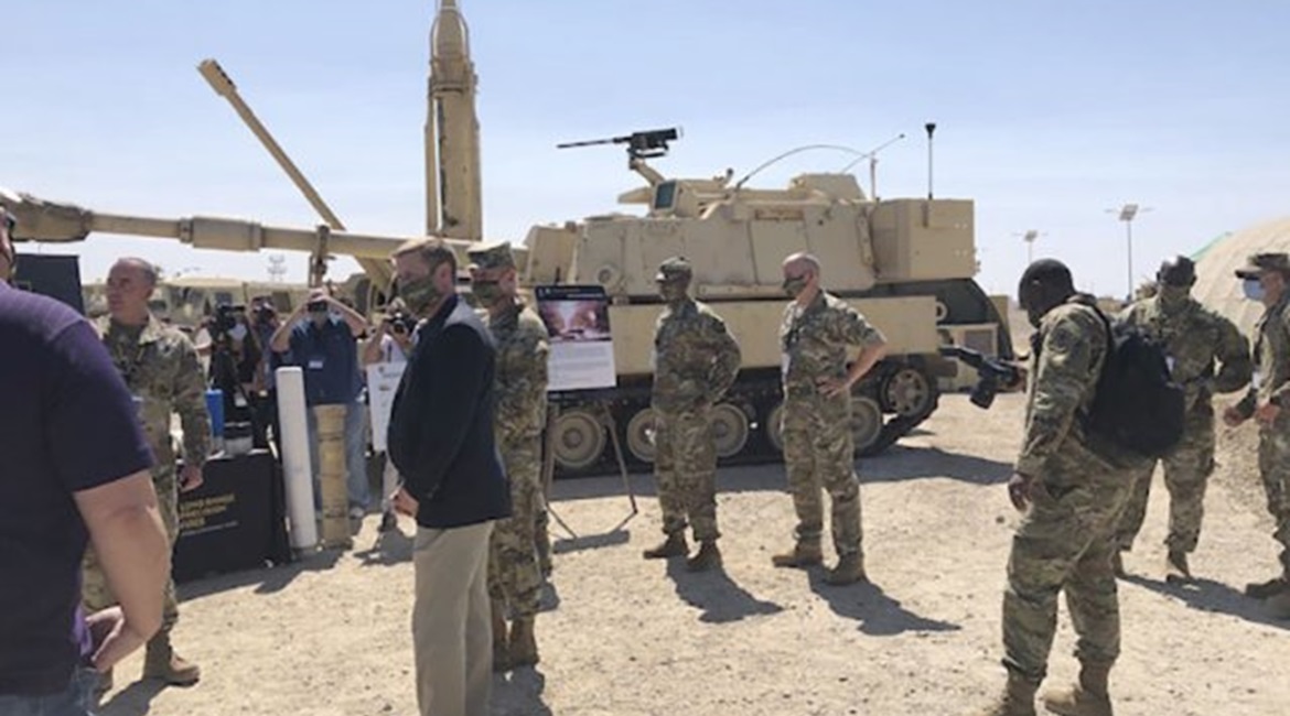 US Army Secretary Ryan McCarthy and Army Chief of Staff Gen James McConville receive a briefing after the Project Convergence 2020 capstone event on 23 September. During the event, the army fired the ERCA prototype.