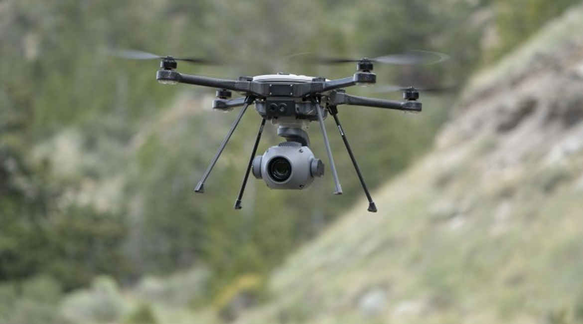 FLIR has increased the payload capacity of its R80D SkyRaider Group 1 UAV with an improved propulsion system. The aircraft in the photo is carrying the company's StormCaster - L ultra low-light imaging payload.
