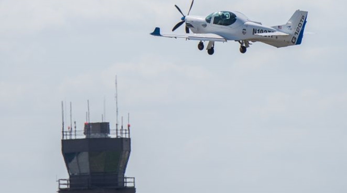 A Grob G 120TP twin-seat turboprop in CAE colours. The company is close to contracting its first international customer for a full-spectrum training programme covering academic, simulation, and live-flight services.