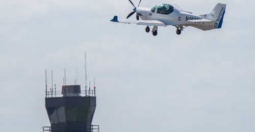 A Grob G 120TP twin-seat turboprop in CAE colours. The company is close to contracting its first international customer for a full-spectrum training programme covering academic, simulation, and live-flight services.