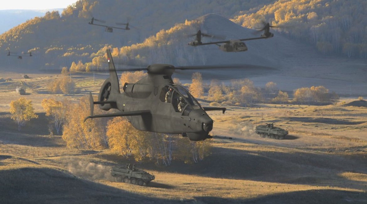 Artist's illustration of Bell's 360 Invictus (foreground) for the US Army's FARA-CP programme and V-280 Valor tiltrotor for the service's FLRAA effort. Bell wants the 360 Invictus ready to fly by the fourth quarter of 2022.