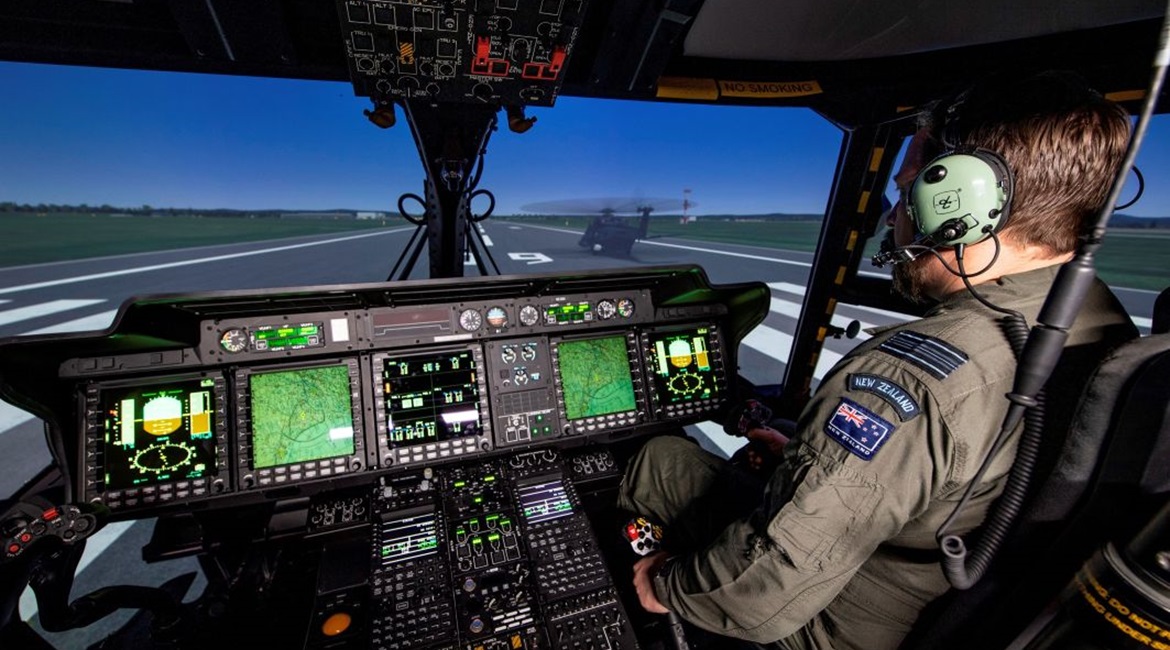 RNZAF NH90 aircrew training in a new CAE 700MR NH90 simulator located at RNZAF Base Ohakea.