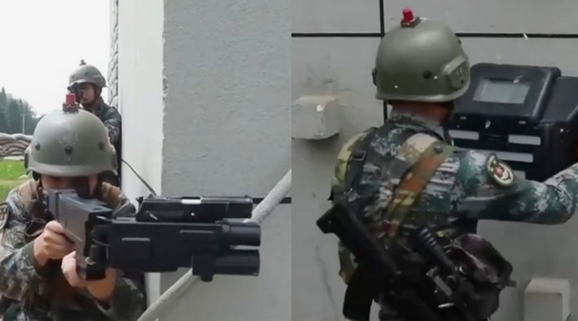 Images from CCTV footage released on 24 October showing troops from the PLAGF's 71st Group Army conducting urban warfare training at an undisclosed location. The image on the left shows a PLAGF soldier using the CF-06 system, while that on the right sh...