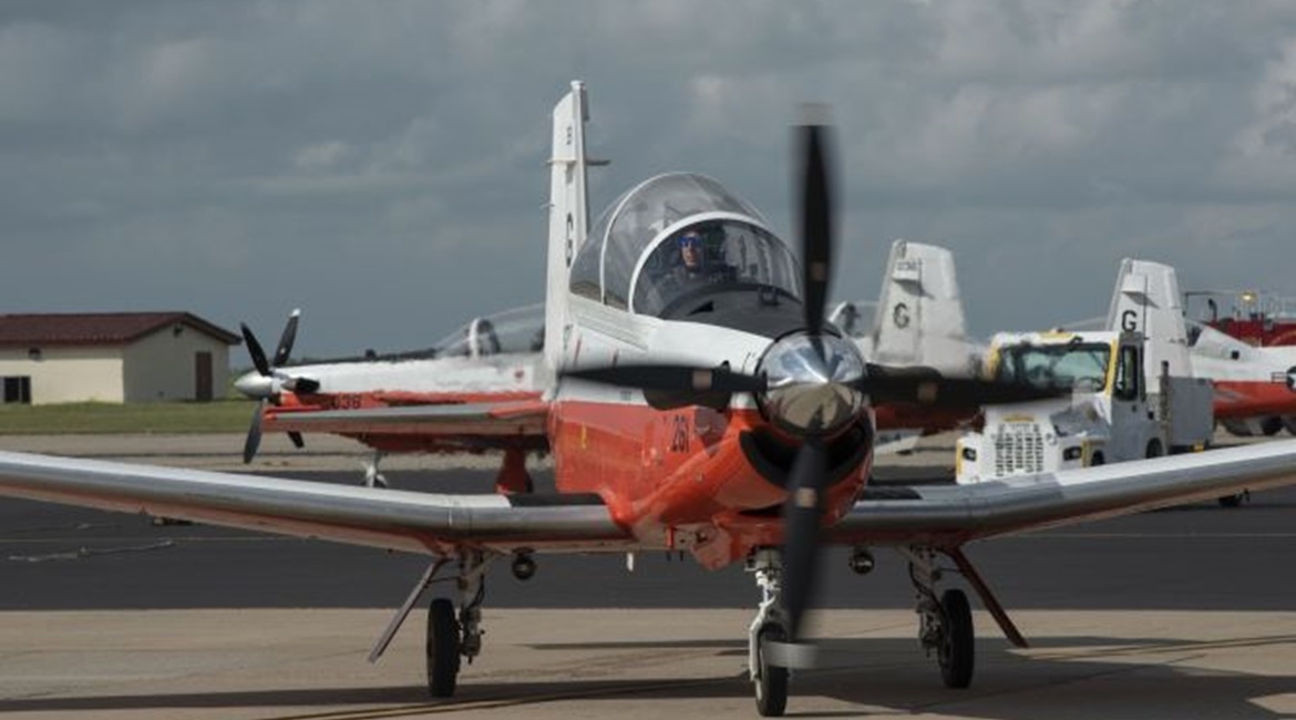 A US Navy Beechcraft T-6B Texan II pictured on 3 October 2019. Two died on 23 October 2020 when a T-6B crashed in Alabama on a training mission.