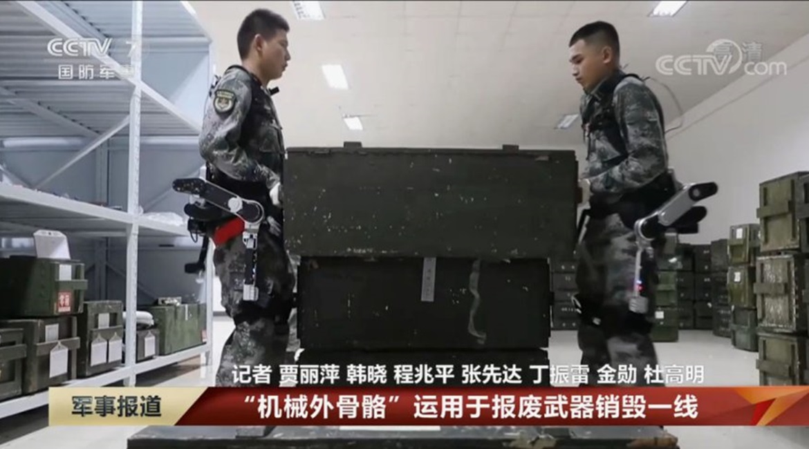 CCTV 7 footage released on 25 October showing PLA soldiers at the Wuxi Joint Logistic Support Centre carrying 80 kg crates while wearing a new exoskeleton system.