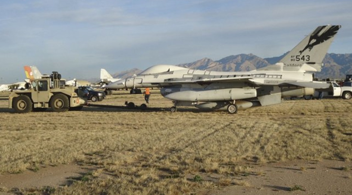 A surplus US Air Force F-16 at the boneyard at Davis-Monthan Air Base, Arizona. Bulgaria is to be gifted two such aircraft to help prepare the country's air force for the latest F-16V Block 70 from 2023.