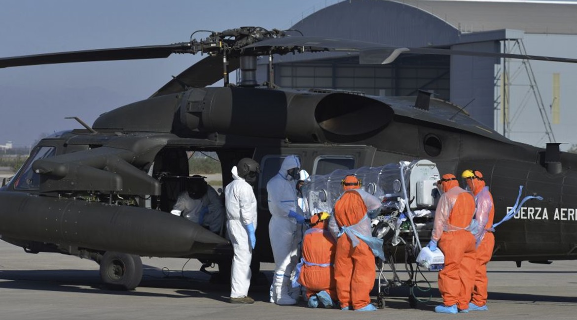 In an undated photo, a Chilean Air Force Sikorsky Black Hawk utility helicopter is used in a Covid-19 response mission.