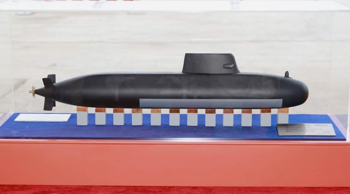 A model of Taiwan's first locally designed SSK being displayed in May 2019 in a ceremony to mark the beginning of construction of the island's first submarine-building facility.