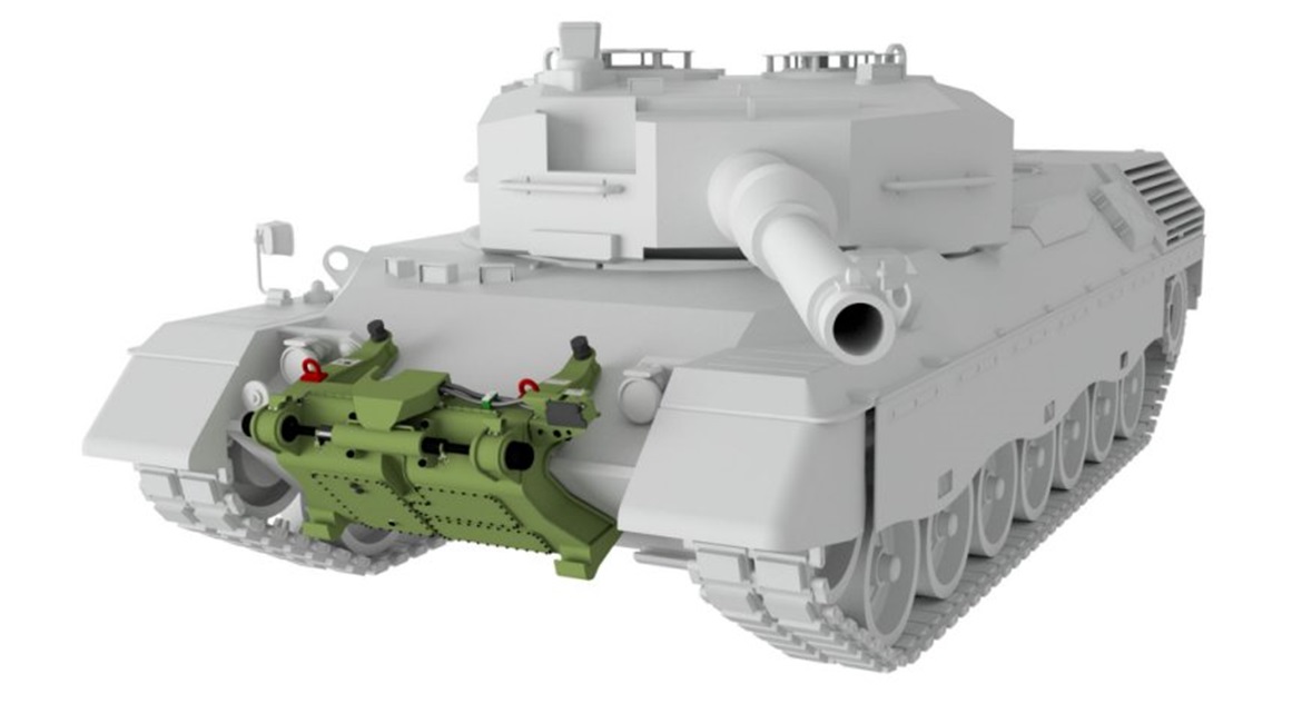 The Pearson Engineering SLICE can be installed on the front of an MBT such as the Leopard 2, without any effect on the mobility of the platform or the vision area of the driver.
