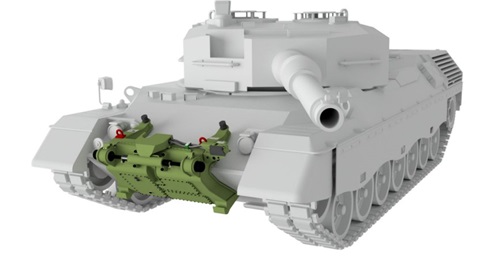 The Pearson Engineering SLICE can be installed on the front of an MBT such as the Leopard 2, without any effect on the mobility of the platform or the vision area of the driver.