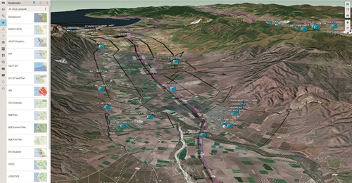 A screenshot for SitaWare HQ showing a 3D image using overhead imagery with the common operational picture overlay. Note the tabs on the left with overlays for different combat functions and plans.