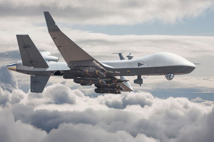 A computer-generated image of an MQ-9B armed with Hellfire missiles and Paveway bombs. (General Atomics Aeronautical Systems, Inc.)
