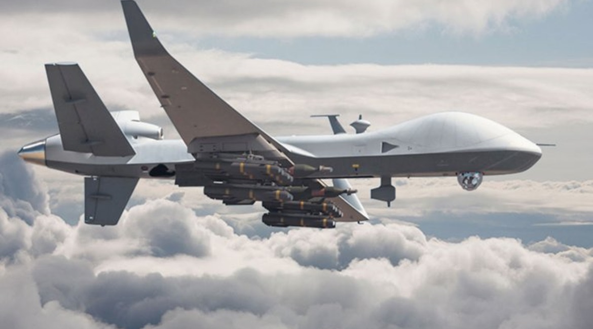A computer-generated image of an MQ-9B armed with Hellfire missiles and Paveway bombs.
