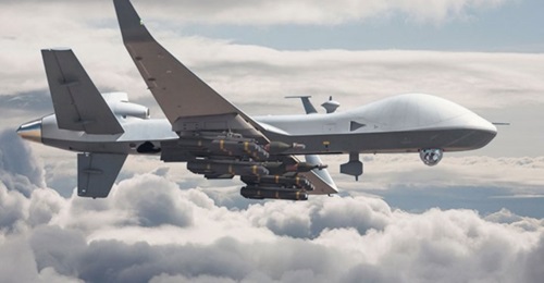 A computer-generated image of an MQ-9B armed with Hellfire missiles and Paveway bombs.