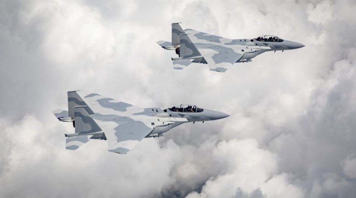Qatar's first two F-15QA aircraft seen during a pre-delivery test flight in the United States. Boeing has been awarded multi-billion contracts to support both Qatar's and Saudi Arabia's Eagle fleets.