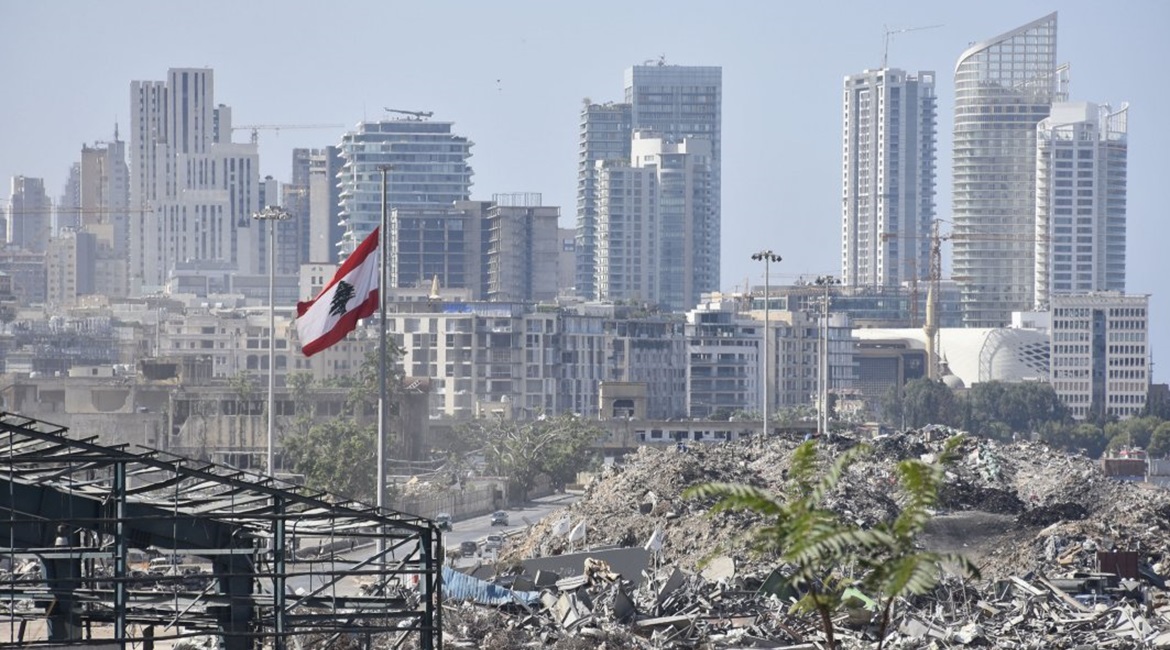 A view of wreckage on 7 November 2020 at the site of the 4 August explosion in the port of Beirut. Lebanon's government has been incapacitated since the then prime minister Hassan Diab resigned after the explosion.