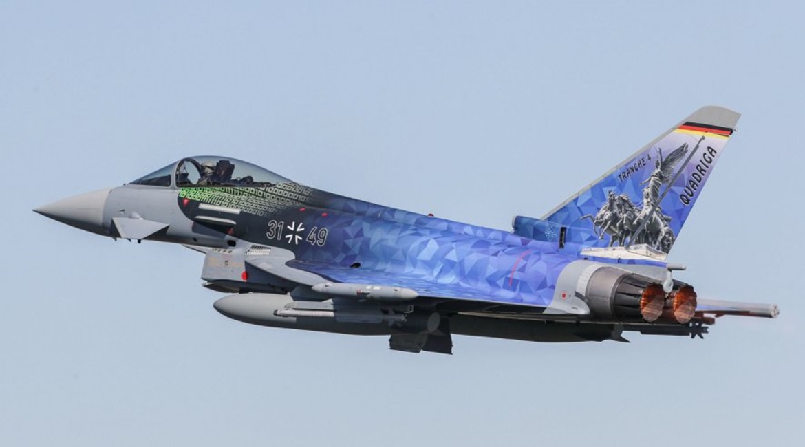 A Luftwaffe Eurofighter sporting a special 'Quadriga' paint scheme. Germany has ordered 38 new aircraft to be built to this Tranche 4 standard, with deliveries to commence in 2025.