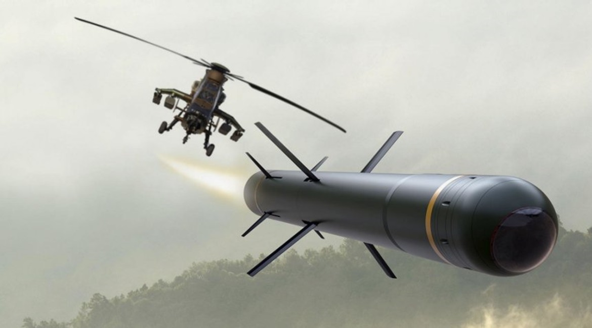 Artist's impression of an MHT missile fired from a Tiger attack helicopter. The image might not be completely representative because the seeker assembly does not indicate an additional channel for laser-designated targeting.