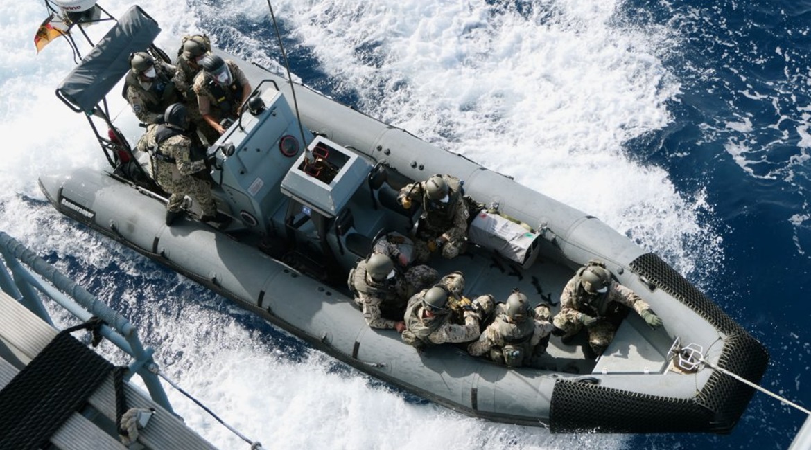 A boarding team from the German frigate 
        
         arrives to inspect the merchant vessel 
        
        , which was carrying jet fuel from the United Arab Emirates to the Libyan city of Benghazi, on 10 September 2020. The operation...