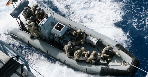 A boarding team from the German frigate 
        
         arrives to inspect the merchant vessel 
        
        , which was carrying jet fuel from the United Arab Emirates to the Libyan city of Benghazi, on 10 September 2020. The operation...