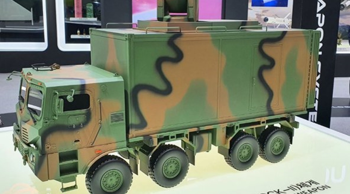 A model of Hanwha's 'Laser Based Anti-Aircraft Weapon Block-II' system as displayed during the 18-20 November DX Korea 2020 defence exhibition in Goyang.