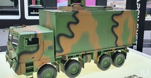 A model of Hanwha's 'Laser Based Anti-Aircraft Weapon Block-II' system as displayed during the 18-20 November DX Korea 2020 defence exhibition in Goyang.