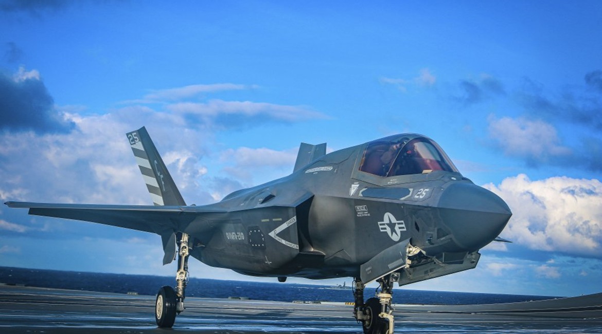 A USMC F-35B assigned to Marine Fighter Attack Squadron (VMFA) 211 taxis aboard HMS 
        
         at sea on 10 October 2020. The F-35B met its mission capability target in one year during FY 2011-19.