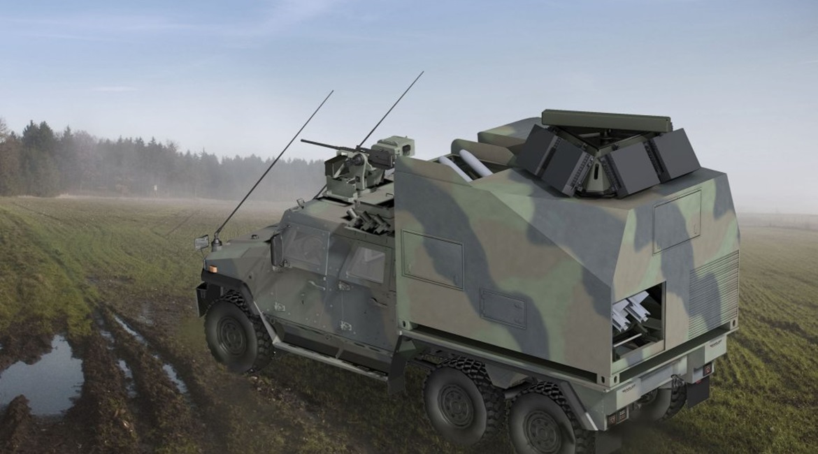 Computer-generated image of the IRIS-T-SLS Mk III system configured with the Hensoldt Spexer lightweight, low power, X-band radar mounted on a General Dynamics European Land Systems Eagle V 6×6 wheeled armoured vehicle.