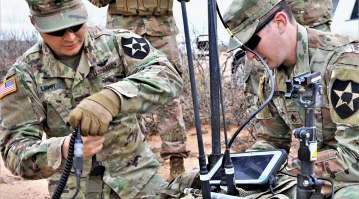 US Army soldiers conduct electronic warfare operations during field exercises at Camp Atterbury