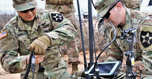 US Army soldiers conduct electronic warfare operations during field exercises at Camp Atterbury