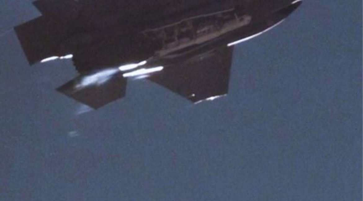 An F-35A Lightning II opens its bomb bay doors and drops a mock B61-12 at Sandia National Laboratories' Tonopah Test Range earlier this year.
