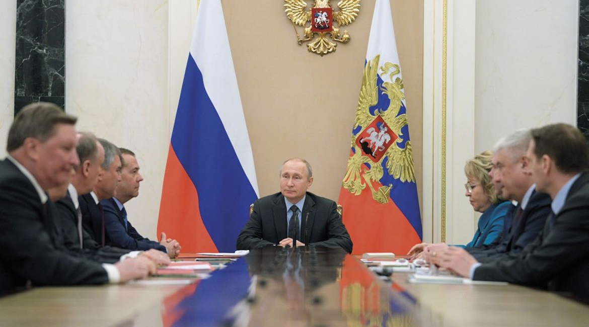 Russian President Vladimir Putin chairs a meeting with members of the Security Council at the Kremlin in Moscow on 5 April 2019. The remit and power of the Security Council have expanded since 2011.