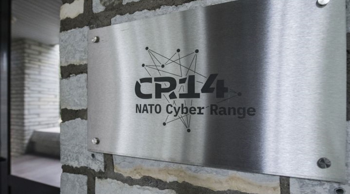 The logo of the NATO Cyber Range CR14 centre, pictured on 1 October 2020 in Tallinn, Estonia. The CCDCOE helped define CC20's scenario.