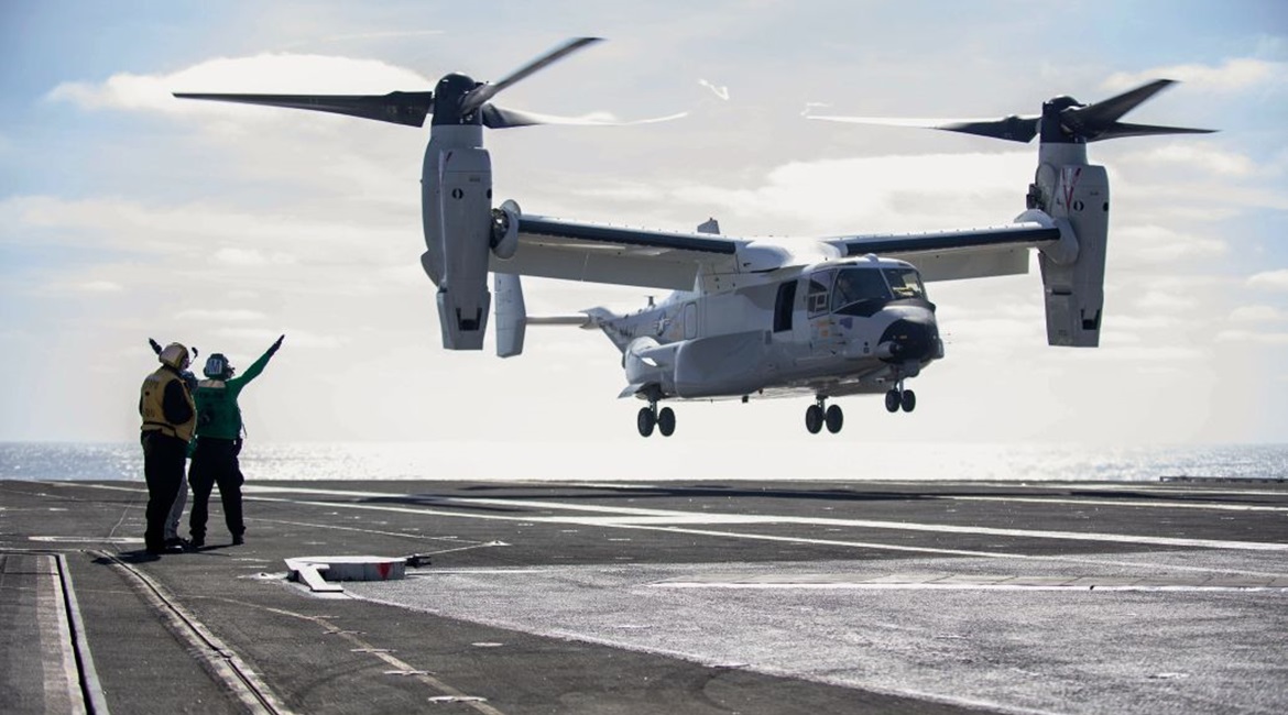 A CMV-22B from VRM 30 comes into land on USS 
        
         (CVN 70) for the first time on 20 November.