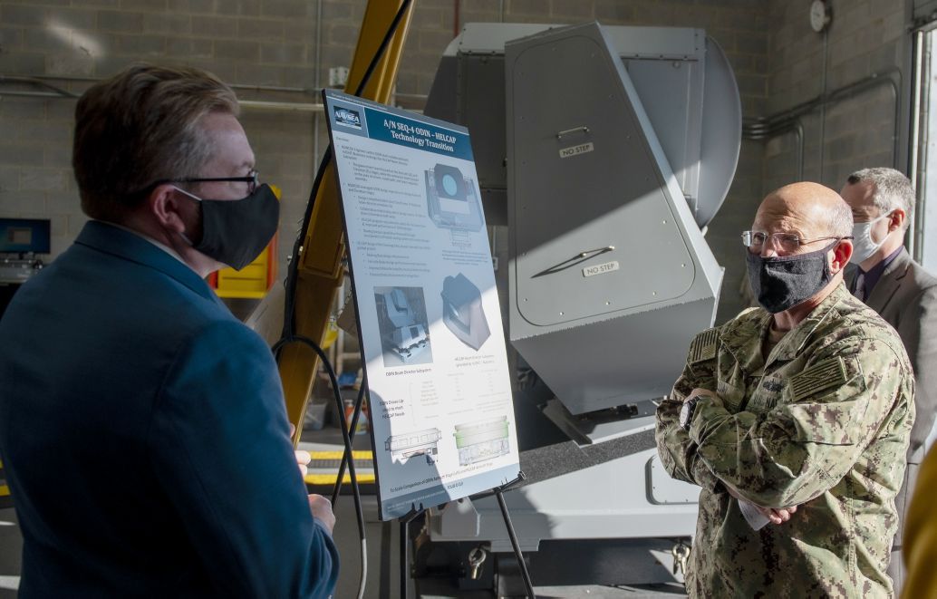 Chief of Naval Operations Admiral Michael Gilday was briefed on the ODIN – HELCAP technology transition during a 17 November visit to the Naval Surface Warfare Center Dahlgren Division. An ODIN system is visible in the background.  (US Navy)