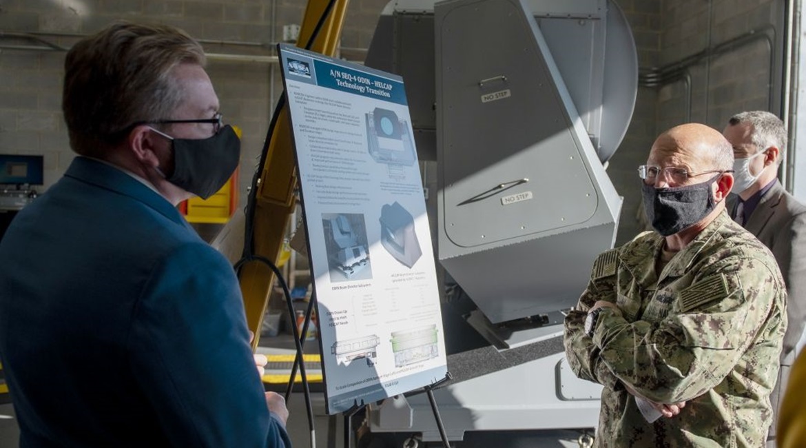 Chief of Naval Operations Admiral Michael Gilday was briefed on the ODIN - HELCAP technology transition during a 17 November visit to the Naval Surface Warfare Center Dahlgren Division. An ODIN system is visible in the background.