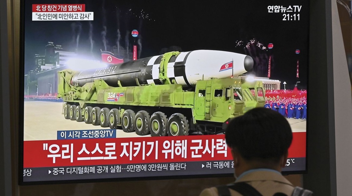 The Hwaseong-16 is shown on a television news broadcast at a railway station in Seoul, South Korea, of a military parade commemorating the 75th anniversary of North Korea's ruling Workers' Party held in Pyongyang on 10 October 2020. The new missile is ...