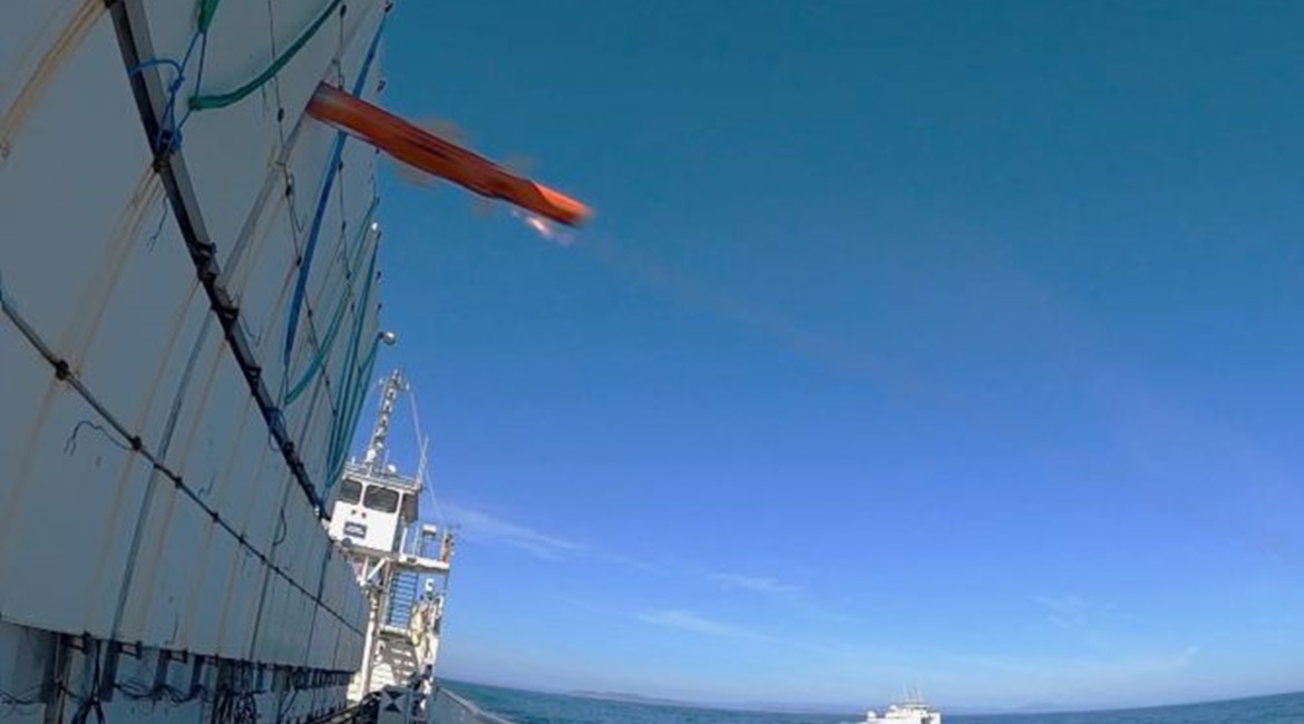 Point of impact: the Sea Venom/ANL missile strikes the target barge at the end of the 17 November qualification test.