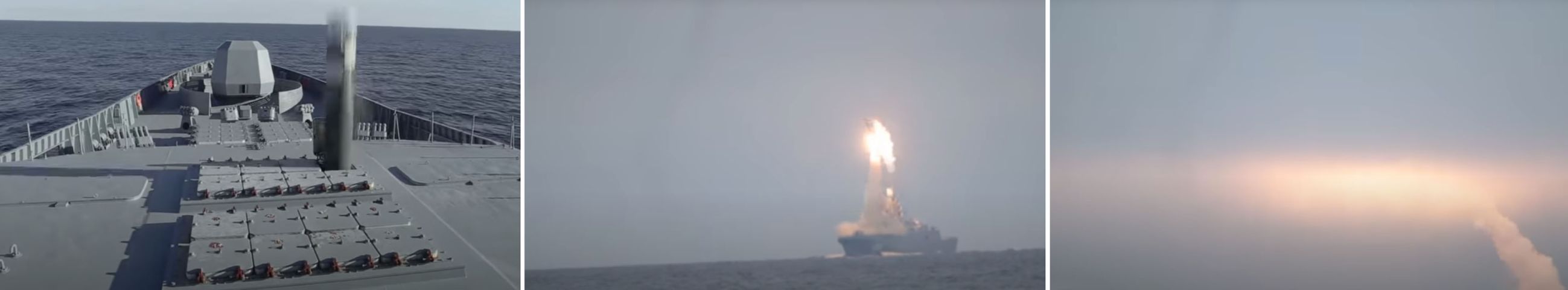 Russian Ministry of Defence footage, originally released on 7 October 2020 and widely recirculated online, shows the missile sequence of the reported test of a 3M-22 Tsirkon hypersonic anti-ship missile by the Project 22350
Admiral Gorshkov
-class guided missile frigate (FFGHM). At launch from the vertical launch system (VLS), the weather is good with only high and thin cloud cover, but the next sequence shows thick cloud into which the missile disappears. Such anomalies call the whole video into question.
(Source withheld)