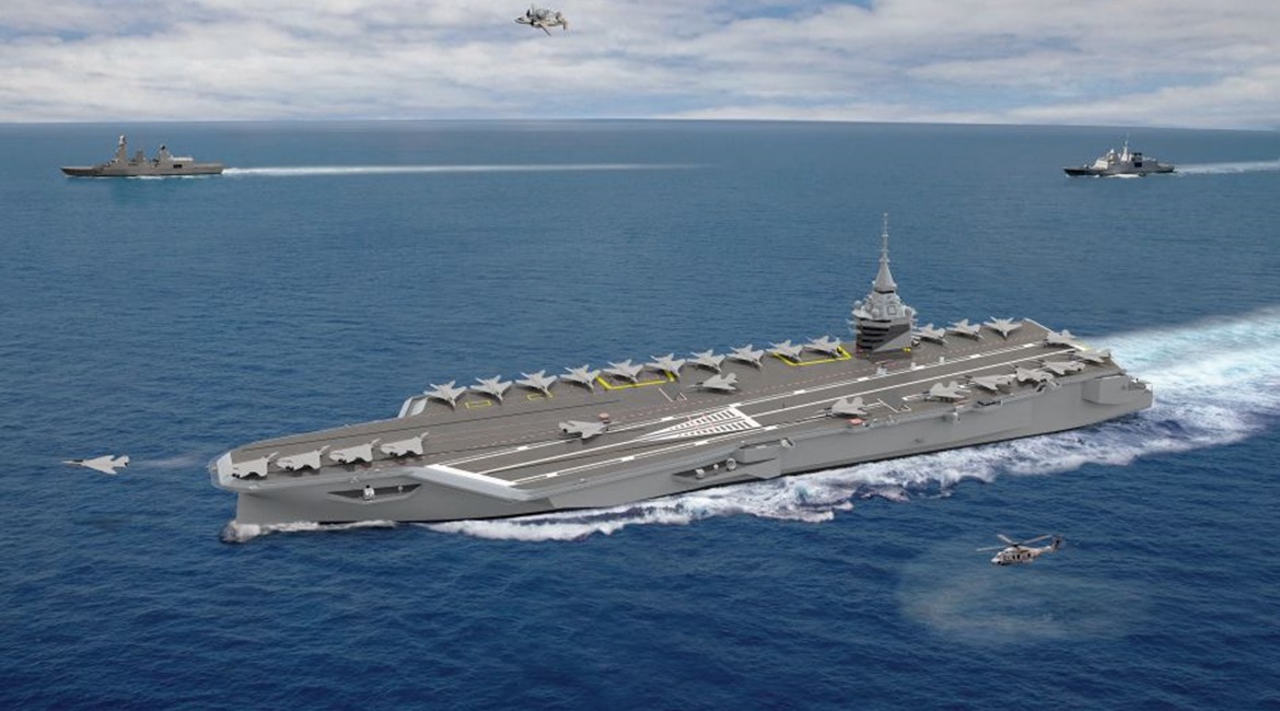 Computer-generated imagery of the French Navy's next-generation aircraft carrier.