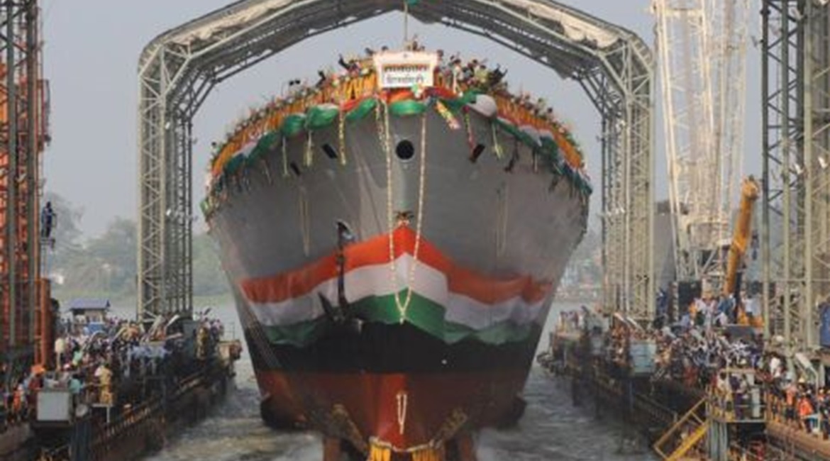 , the first P17A frigate to be built by GRSE, is pictured at its launch ceremony on 14 December.